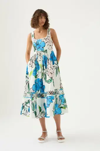 Aje Erika Cut Out Midi Dress in Cool Camellia Floral Size 8
