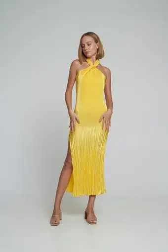L'Idee Soiree Halter Gown Canary Yellow Size 6