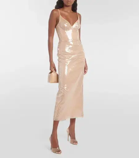 David Koma Sequined Midi Dress Beige Size 10 