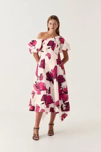 Aje Arista Tulip Sleeve Midi Dress Falling Florals Size M / AU 10