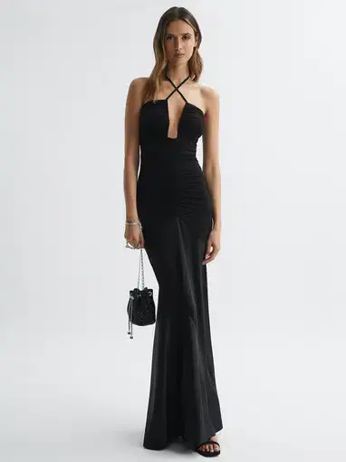 Reiss Thalía Plunge Neck Halter Maxi Dress in Black Size 6