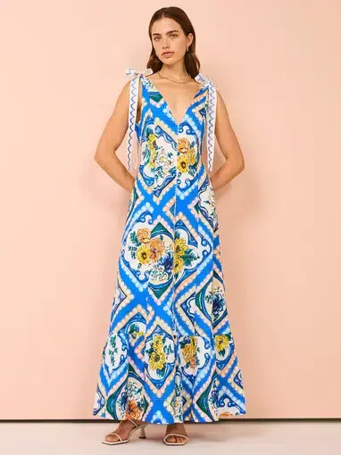 By Nicola Adoncia Tie Shoulder Maxi Dress in Azure Floral Size 12