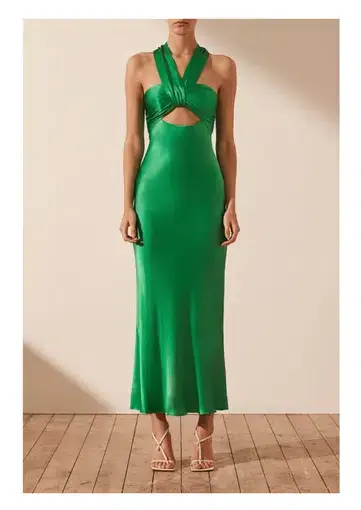 Shona Joy Lana Ruched Halter Midi Dress Tree Green Size AU 8