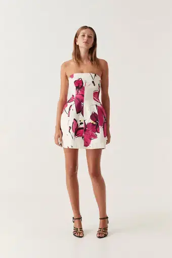 Aje Baret Strapless Mini Dress in Falling Florals Size AU 6
