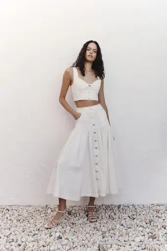 Aje Elena Denim Cropped Bustier Size 8 and Belmond Denim Midi Skirt Size 6 Set in Ivory