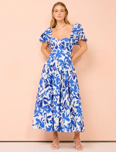 Shona Joy Bleue Puff Sleeve Bustier Midi Dress Blue Print Size 14
