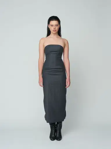 Wynn Hamlyn Tandi Strapless Pinstripe Dress Grey Size 8