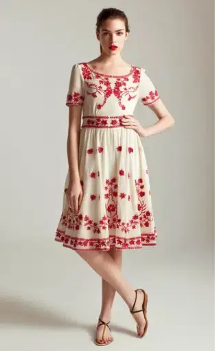 Alice Temperley Embroidered Scoop Neck Mexican Dress Red Size 8