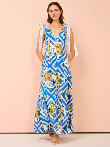 By Nicola Adoncia Tie Shoulder Maxi Dress Azure Floral Size 10