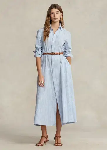 Ralph Lauren Belted Striped Linen Cotton Shirtdress Blue Size 6