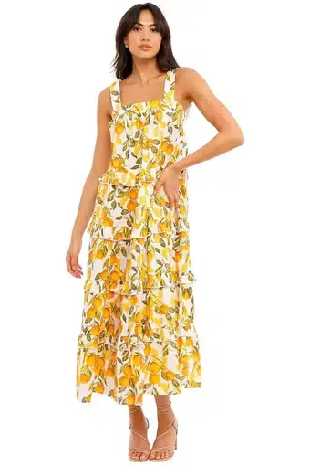 Never Fully Dressed Orange Grove Scallop Dress Yellow Print Size 16
