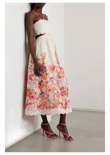 Zimmermann Devi Scallop Midi Dress Cream Floral Size 2 / AU 12