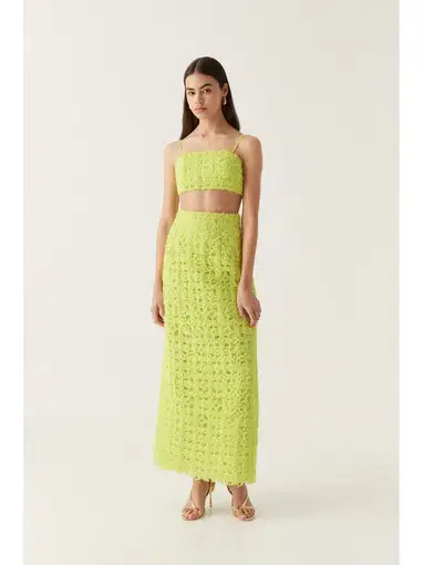 Aje Quintette Textured Bralette and Quintette Textured Midi Skirt in Light Lime Green Size AU 8