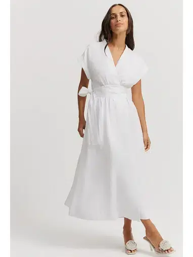 Country Road Organically Grown Linen Wrap Midi Dress White Size AU 10