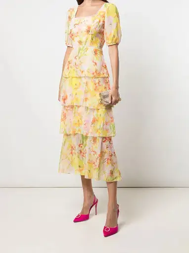 Marchesa Notte Daffodil-Print Tiered Dress Floral Size AU 10
