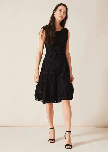 PhaseEight Penelope Tapework Lace Flared Dress Black Size 14