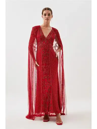 Karen Millen Petite Embellished Woven Maxi Dress With Cape in Red Size AU 4