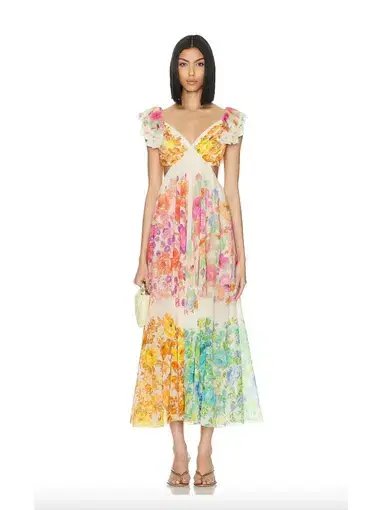 Zimmermann Raie Frill Shoulder Midi Dress Multi Floral Size 1 / AU 10 