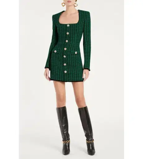 Rebecca Vallance Becca Checked Bouclé Tweed Mini Dress in Green Size 8 