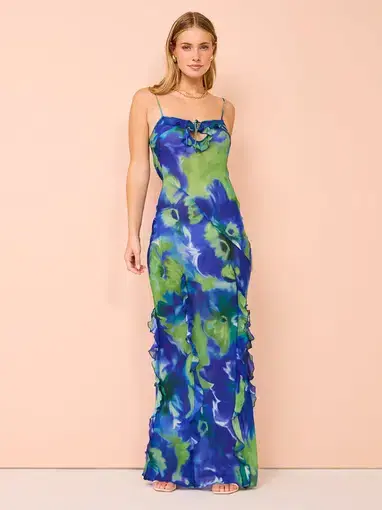 Isabelle Quinn Kyra Ruffle Maxi Dress Multi Print Size M/ AU 10
