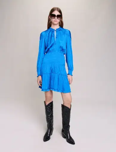 Maje Rivas Smocked Mini Dress Blue Size 34 / AU 6