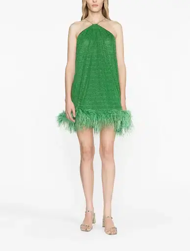 Oseree Lurex Detail Feather Trim Mini Dress Green Size S/M