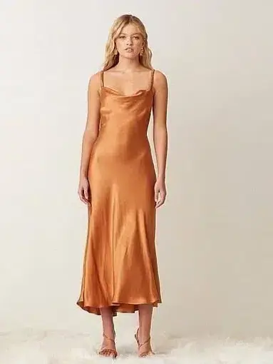 Bec & Bridge Lani Satin Midi Dress in Gold Size AU 10