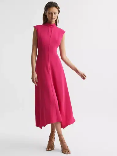 Reiss Livvy Open Back Midi Dress in Bright Pink Size 8
