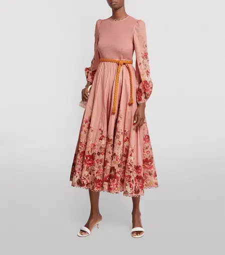 Zimmermann Cassia Shirred Midi Dress Musk Floral Size 3 / AU 14