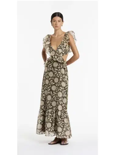 Sir the Label Xanita Frill Midi Dress Brown Floral Size 4/ 14
