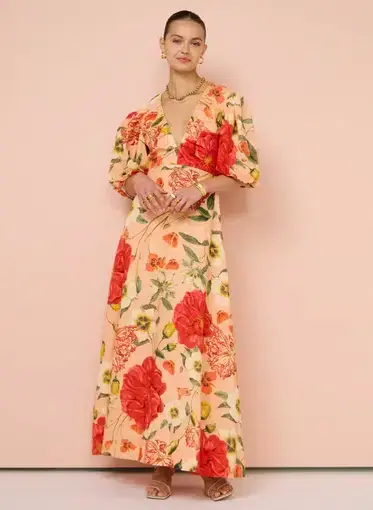 By Nicola Bolero Maxi Gathered Neckline Dress In Raspberry Punch Floral Size AU 8