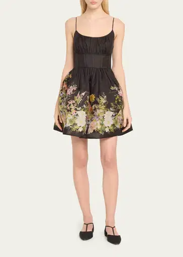 Zimmermann The Natura Ruched Mini Dress in Black Wild Flowers Size 0 /Au 8