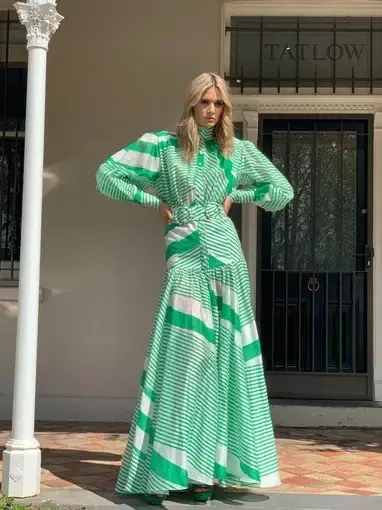 Mackenzie Mode Long Sleeved Maxi Dress Green Print Size AU 8
