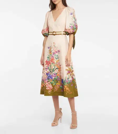 Zimmermann Tropicana Tie Sleeve Midi Dress Cream Floral Size 0P / AU 6
