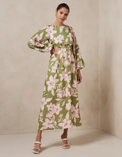 Aere Linen Billow Sleeve Maxi Dress Green Floral Size 6
