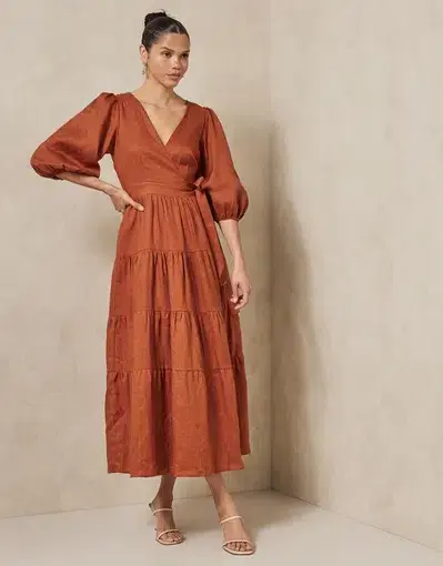 Aere Tiered Linen Wrap Midi Dress Dark Rust Size 10