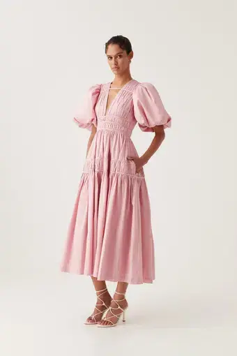 Aje Fallingwater Ruched Midi Dress Chalk Pink Size 12