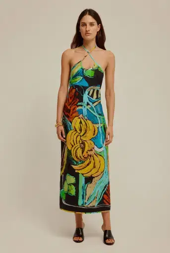 Venroy Linen Halter Dress Jamaican Scene Multi Size 8