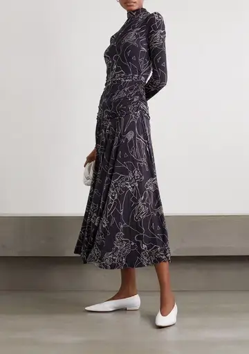 Victoria Beckham Pleated Printed Stretch Crepe Turtleneck Maxi Dress Navy Size 10