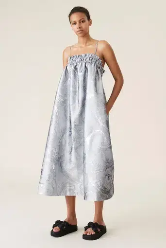 Ganni Shiny Jacquard Strap Dress Sliver Metallic Size 10
