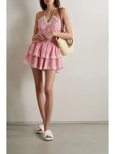 LoveShackFancy Aqua Shirred Embroidered Cotton-Voile Halterneck Mini Dress Pink Size 18