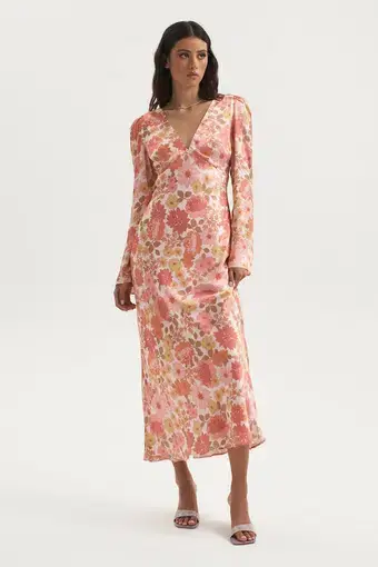 Ownley Zaliah Bias Backless Midi Dress Pink Floral Size S / AU 8
