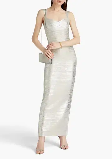 Herve Leger Sweetheart Banded Gown in Silver Size 8