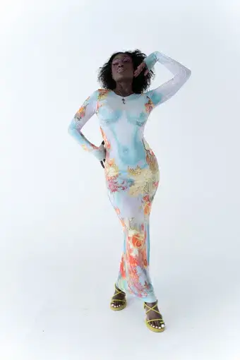 Jean Paul Gaultier Blue Body Flower Dress Floral Body Print Size AU 8