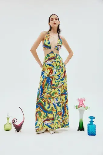 Alemais Yvette Cut Out Midi Dress Print Size 8