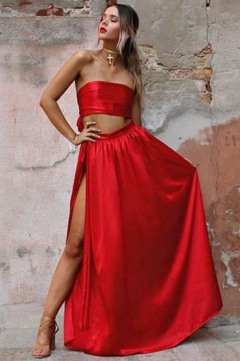 Sisters the Label - Satin Silk Rouge Wrap Two Piece Gown