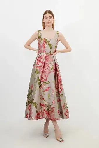 Karen Millen Petite Prom Woven Maxi Dress Vintage Floral Print Size 4