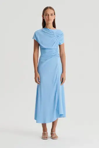 Scanlan Theodore Gathered Drape Midi Dress Sky Blue Size 8