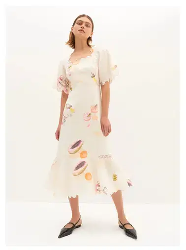 Morrison Aperitivo Linen Midi Dress Cream Print Size 12