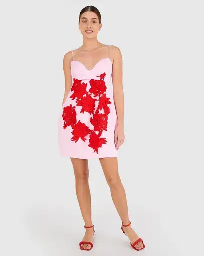 Oroton Contrast 3D Flower Mini Dress Pink Multi Size 4
